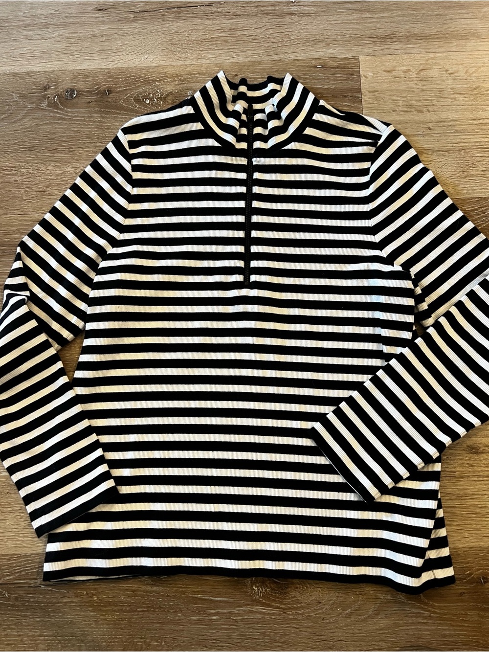 Chico's Black and White Striped Half-Zip Mock Neck Sweater